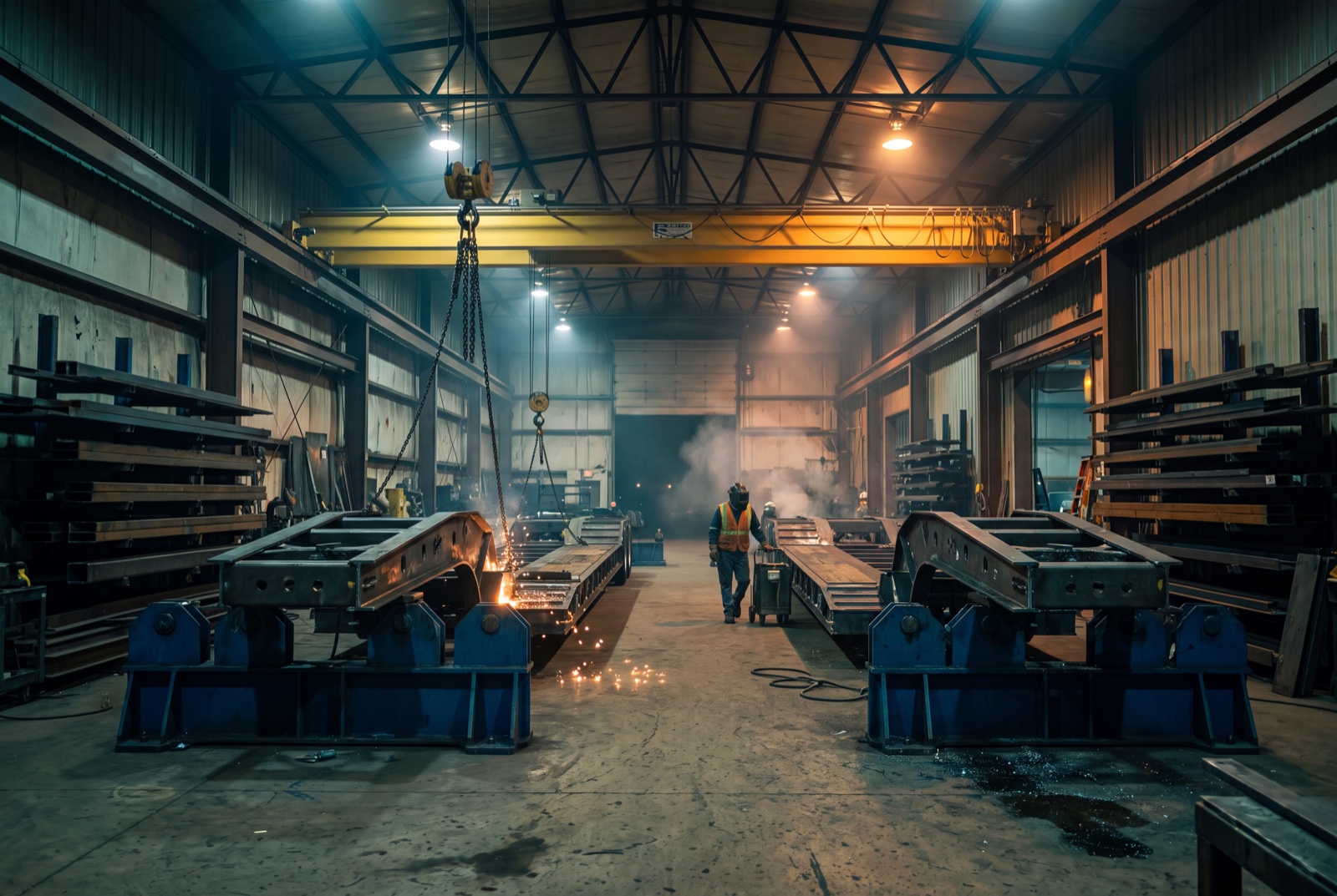 Two lowbed trailer frames under construction on jig stands in the Pacesetter fabrication bay, an overhead crane above