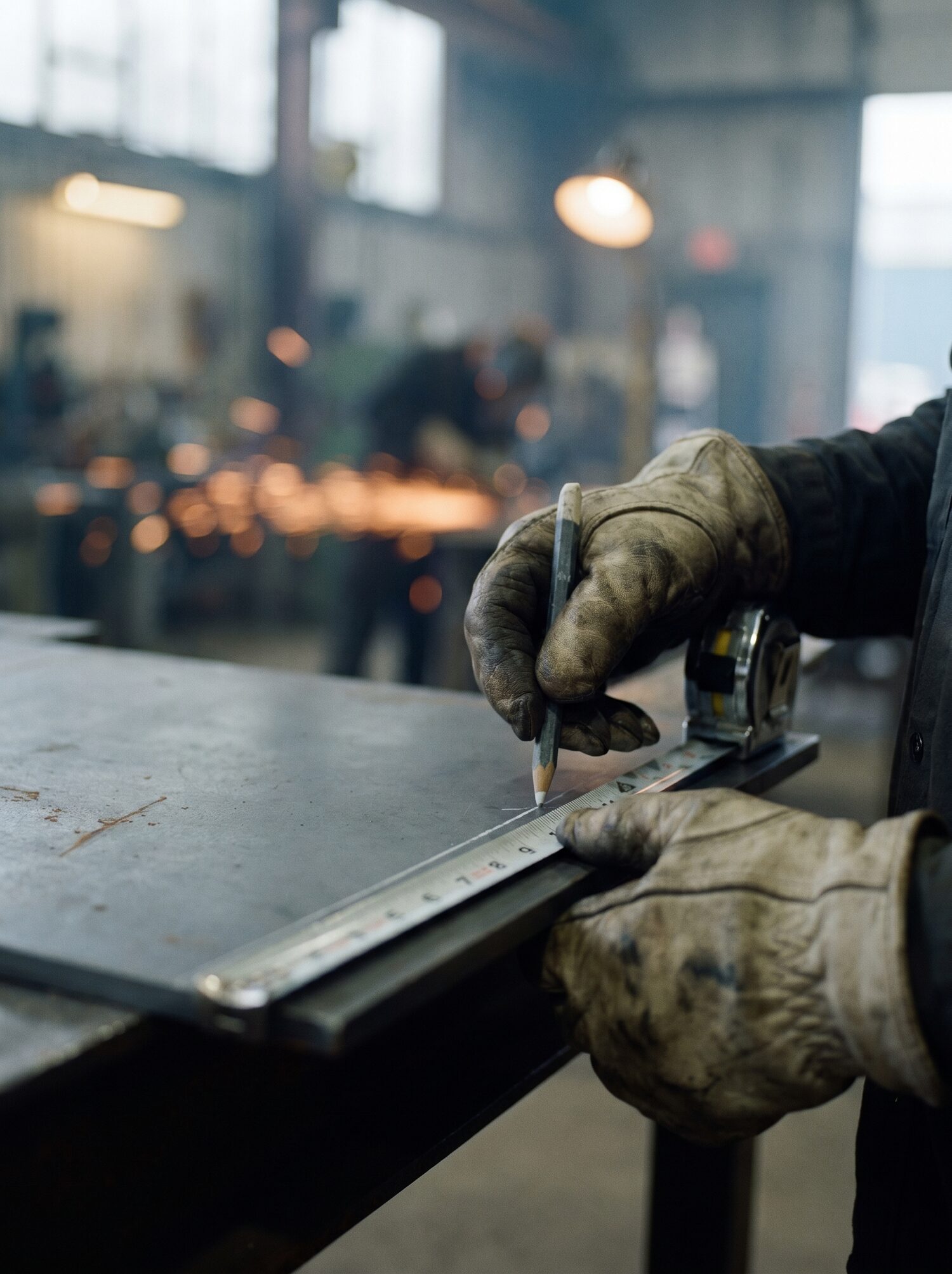 Gloved hands marking a steel plate with a scribe