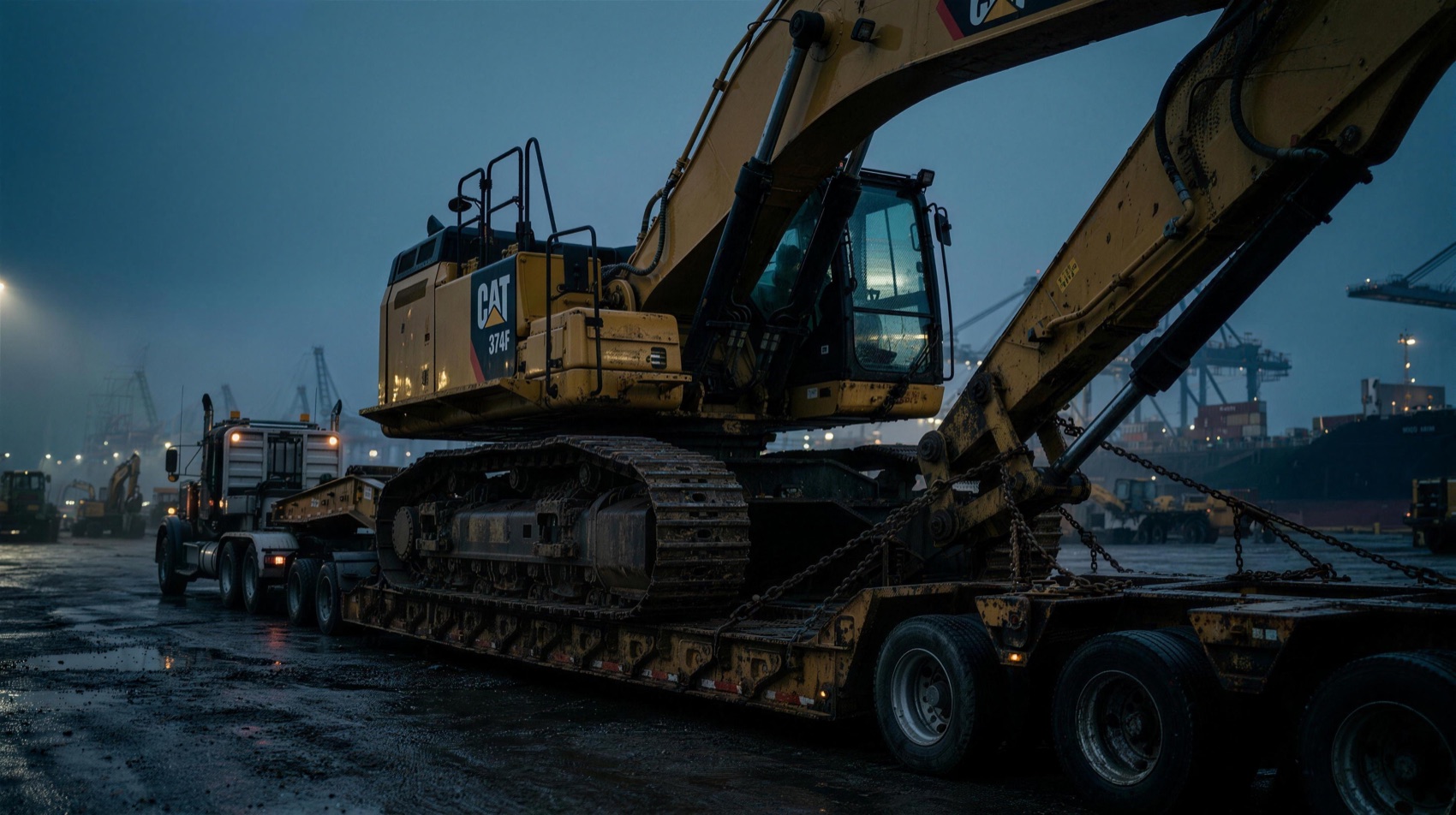 A tracked excavator chained down on a Pacesetter lowbed at a port at dusk