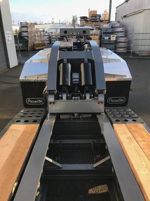 Charcoal 75 ton lowbed with light blue pinstriping and its two axle nitrogen booster, photo 7 of 26