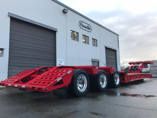 Red 75 ton lowbed with folding rear ramps at the Pacesetter yard, photo 7 of 12