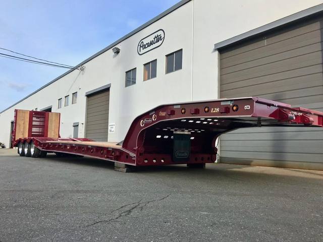 Burgundy L28 paving trailer with gold script decals on a sunny day, photo 15 of 18