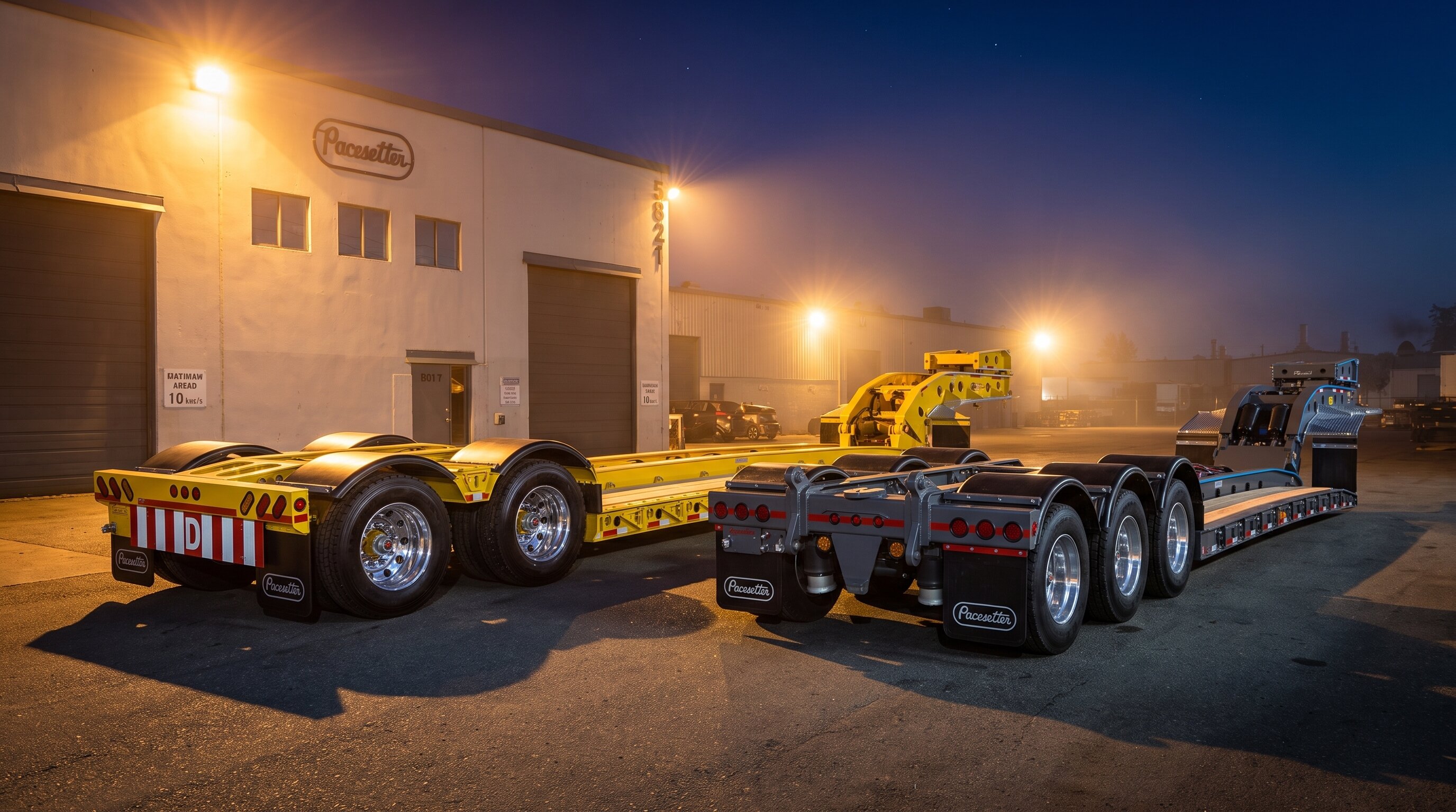 A Pacesetter 60 ton and 75 ton lowbed pair side by side in the yard at night