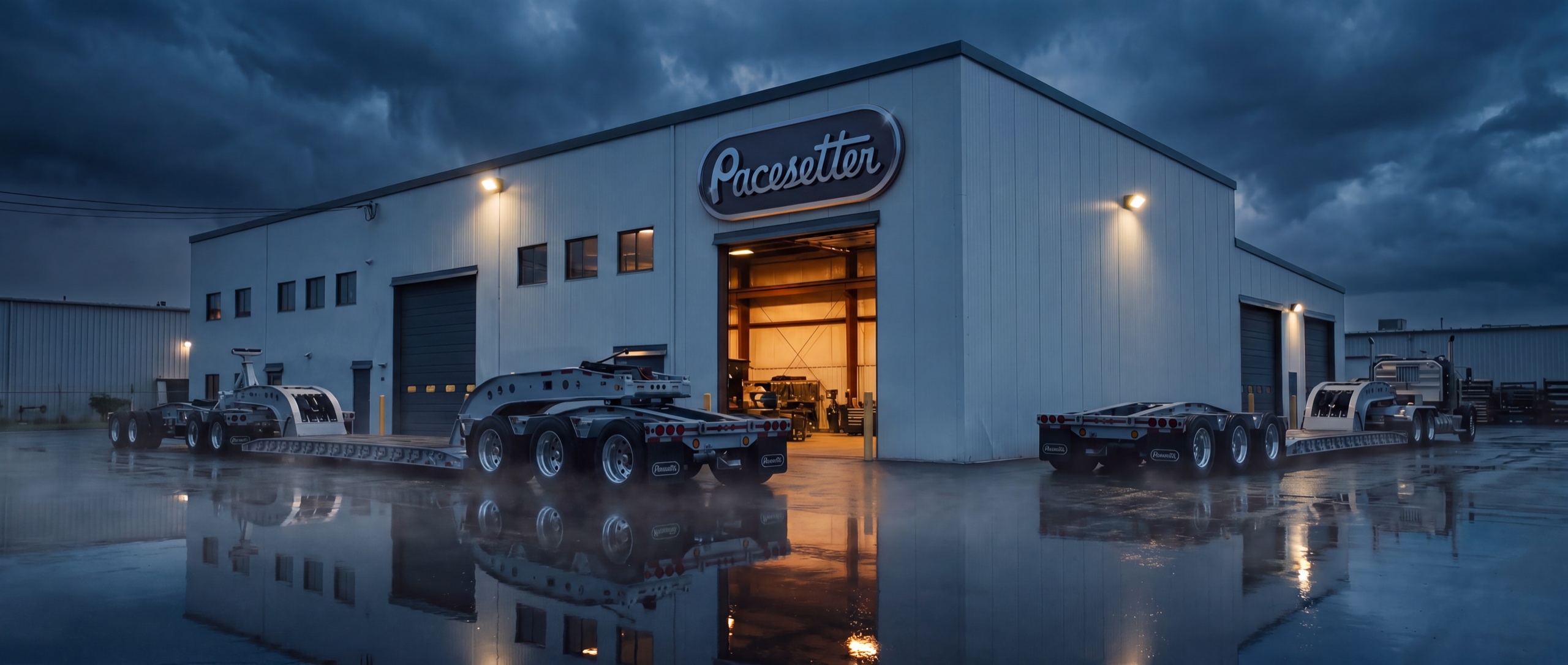 The Pacesetter facility at blue hour, the script sign lit on the wall above an open shop bay